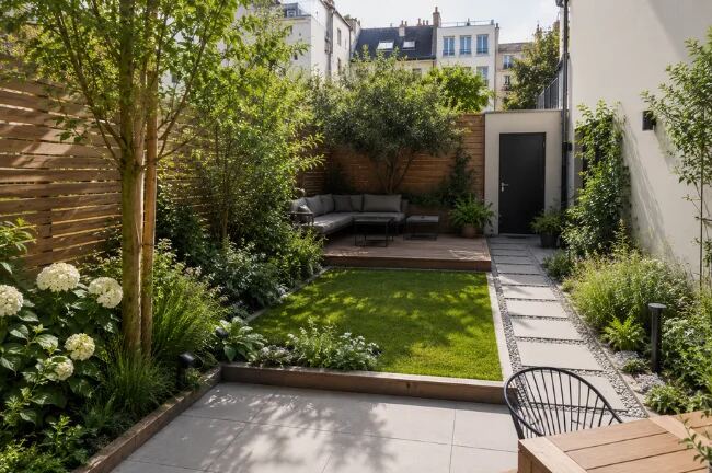 Petit jardin extérieur aménagé en cœur d'îlot parisien